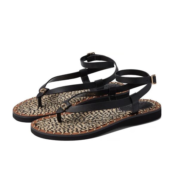 COACH Gracey Black and Brown Leather Thong Sandals w/ Gold Studs, size 9 - Picture 3 of 12